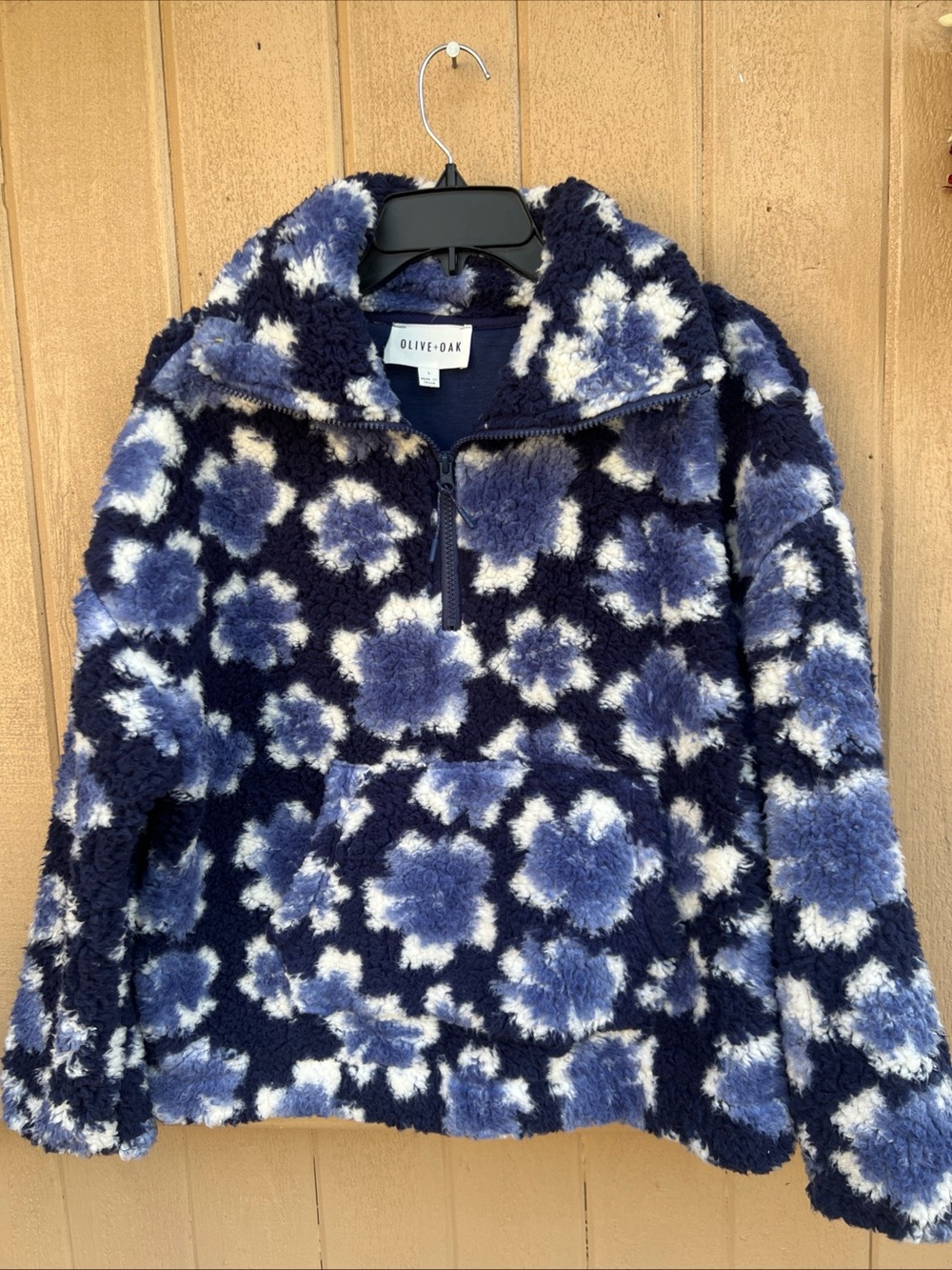 OLIVE OAK Cropped BLUE Faux Fur Sherpa Fleece 1/4 Zip Sweatshirt kangaroo